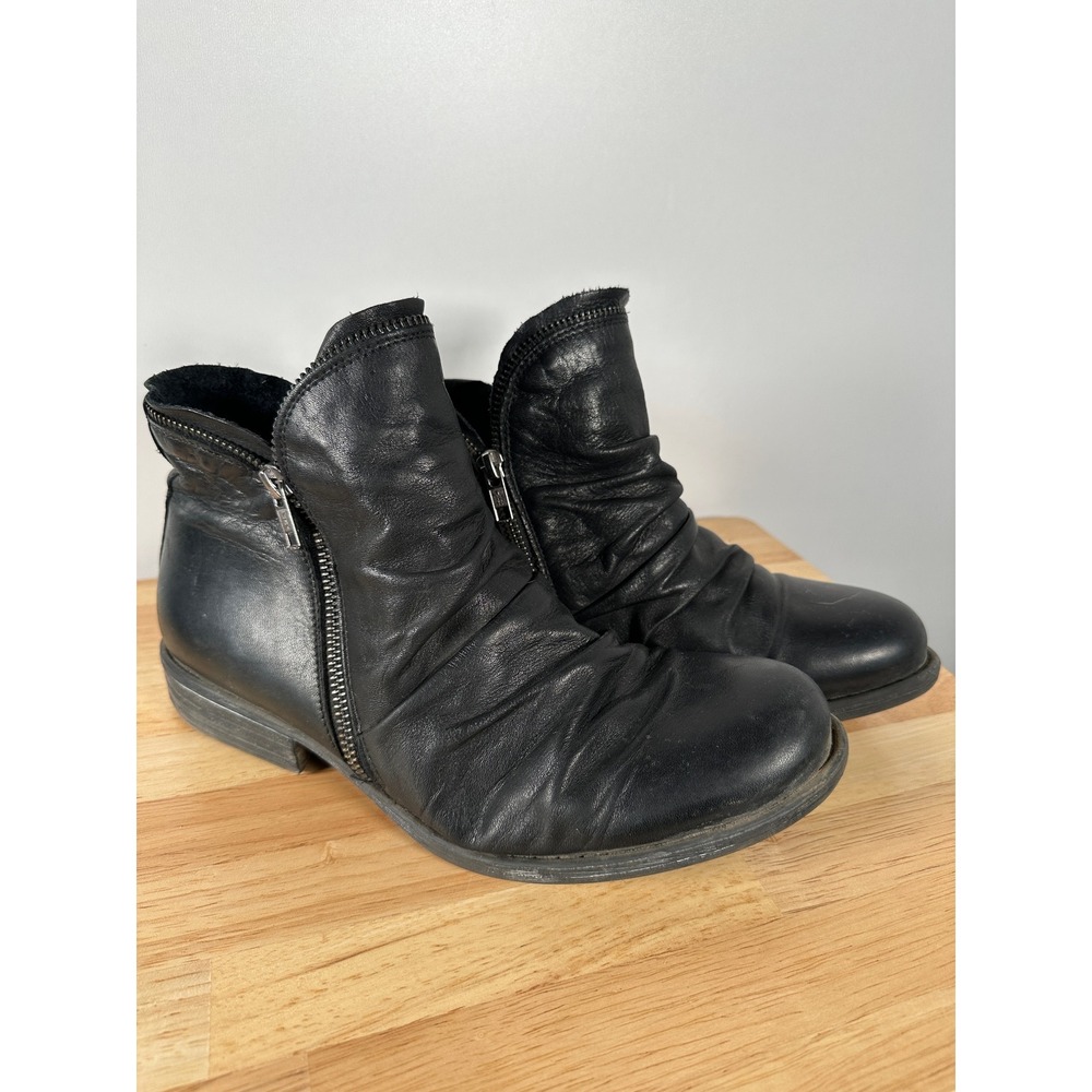 Miz Mooz Black Ankle Boots Luna Ruched Leather Dual Zip Size 11‎ Booties Moto
